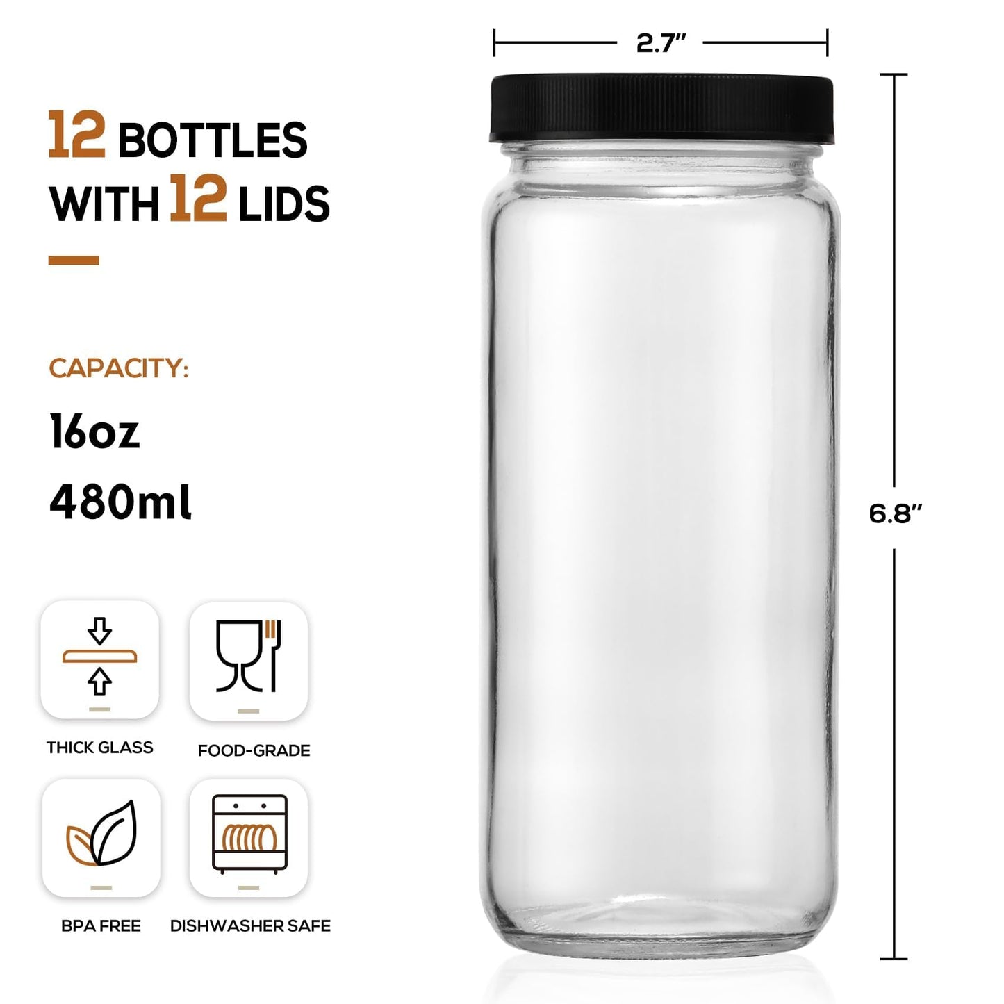 12 PACK Glass Juice Bottles with 12 Airtight Lids & 2 Straw Hole Lids & 2 Straws - 16OZ Travel Juicing Jars, Drinking Water Cups - Reusable Tall Mason Jar for Juice, Bubble Tea, Smoothie, Kombucha