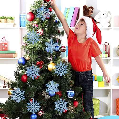36 Pcs Blue Glitter Christmas Snowflake Ornaments, 4 Inch Plastic Hanging Decorating Snow Flakes Xmas Tree Snowflake Decorations for Christmas Decors (3 Styles)