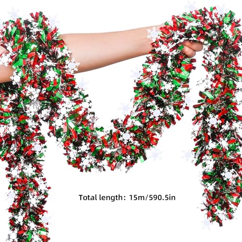 CUADRNX 50ft Green Red Christmas Tinsel Garland Holiday Decor Indoor Outdoor