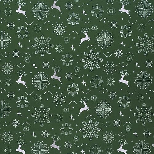 MOOK Fabrics 15 Yard Cotton Fabric Christmas Snowflakes & Deer Green Silver 45"