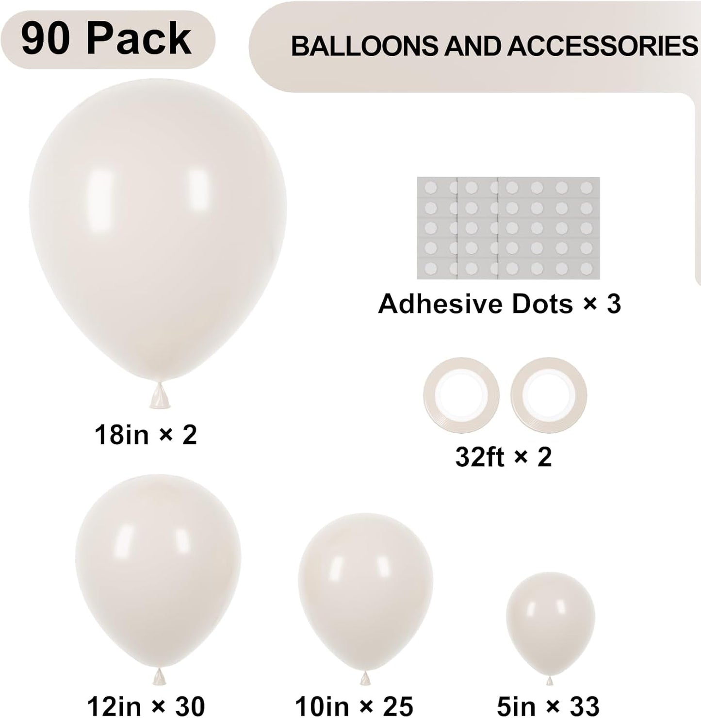 Voircoloria White Sand Balloons - 90 Pack Balloon Garland Kit for Weddings, Showers & Celebrations | 5-18 Inch Sizes