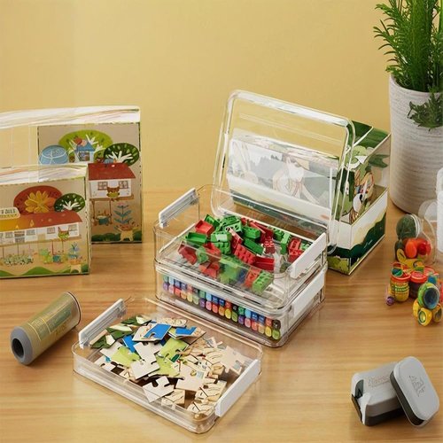 Clear Portable Project Case by [Brand Name] - Stackable Storage Boxes for A4 Files & Art Supplies | Large Size with Blue Latch