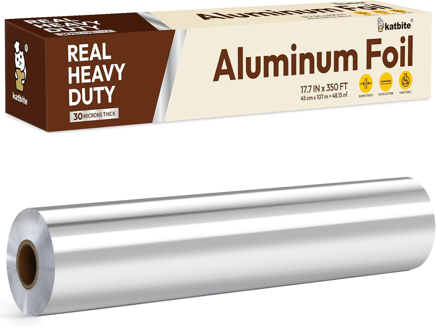 Katbite Heavy Duty Aluminum Foil - 17.7 Inch Wide, 30 Micron Thick Roll for Grilling & Baking | 525 Sq Ft