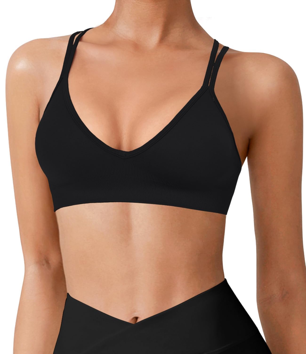 VEQING 3 Pack Women's Seamless Sports Bra - Deep V Neck Wirefree Yoga Bras with Removable Pads, Crisscross Strappy Back Comfortable Low Impact Workout Bralette for Small Chests, Daily Wear