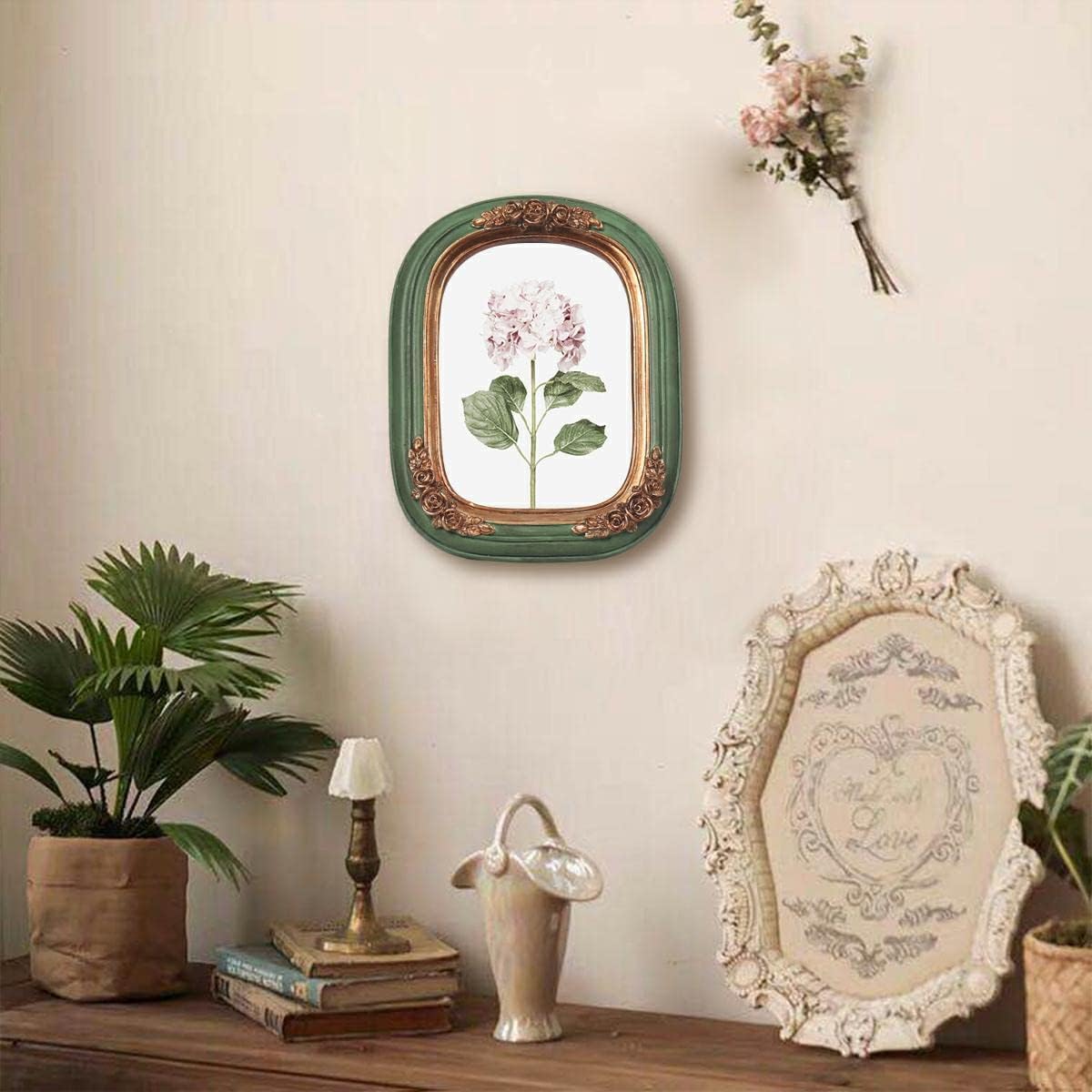 Regine Switzerland Vintage Mini Picture Frame - Antique Floral Relief Design | 2.5x3.5 Inch, Green