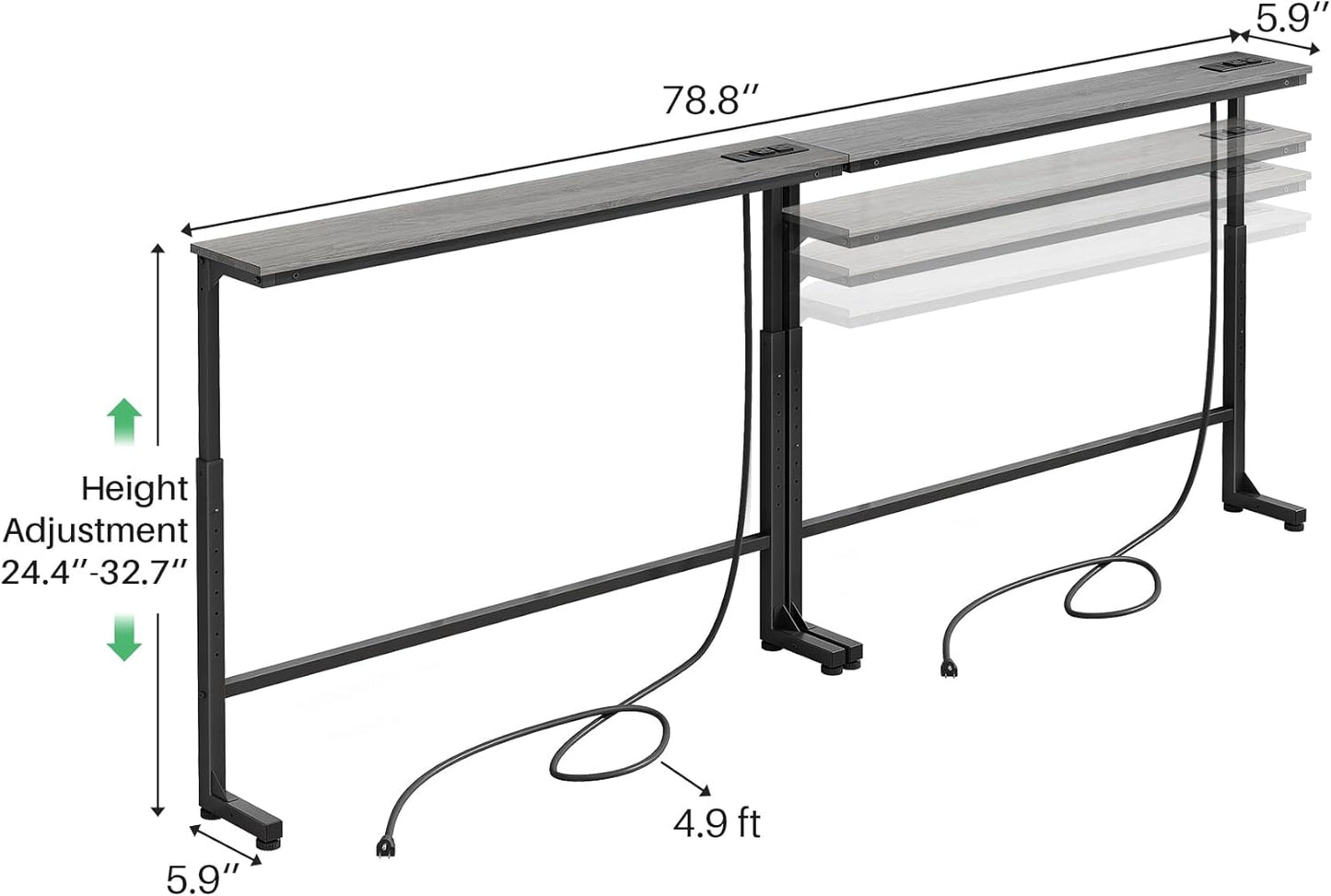 Kitstorack Long Sofa Table - Adjustable Height 25"-33" with 2 Power Outlets | Dark Gray, 5.9" D x 79" L