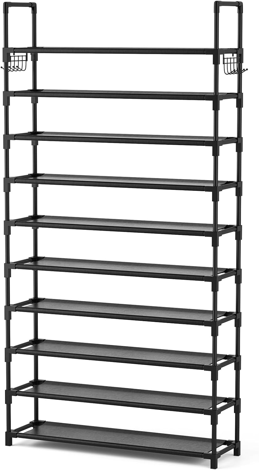 VTRIN 10-Tier Shoe Rack - Tall Large Capacity Organizer with Hooks | Sturdy Metal Shelf for Entryway & Closet