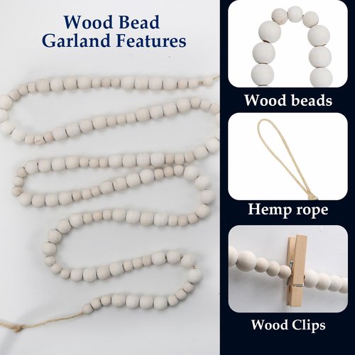 Hanging Photo Display Wall Decor with 45 Wood Clips, YuanDe 67 Inches Boho Wooden Bead Garland Collage Picture Frame Photos String DIY, Photo Hanger for Bedroom Office Dorm Room Decor Gifts(3PCS)