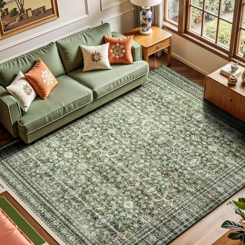 Green 5x7 Washable Non-Slip Area Rug for Living Room & Bedroom - Lofus