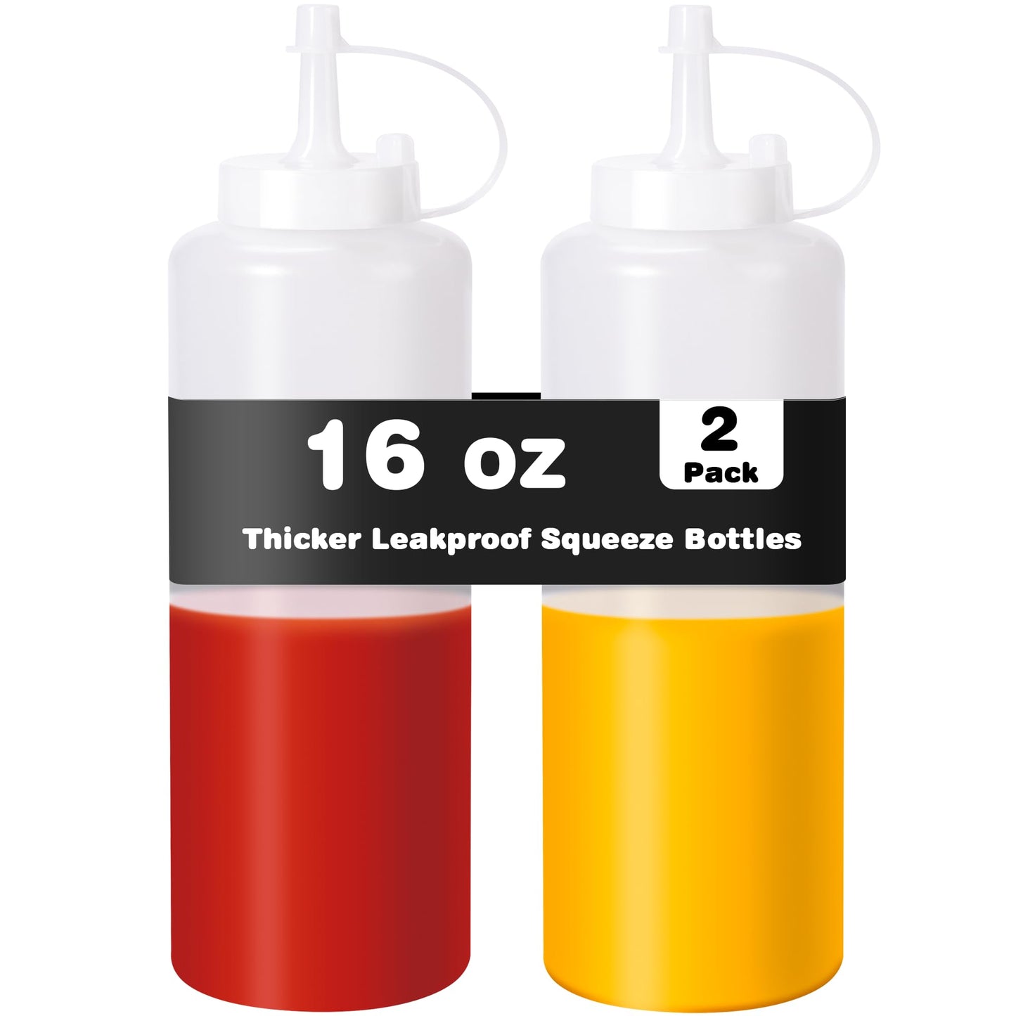 Rainspire 2-Pack 16oz Upgraded Thickened Durable Leak-Proof Condiment Squeeze Bottles for Sauces/Oil/Arts and Crafts, Dishwasher Safe, White