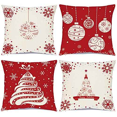 Hlonon Christmas Throw Pillow Covers Set of 4 Winter Decorative Rustic Pillowcase for Holiday Decorations Christmas Home Sofa Couch Decor, Red & Cream White (20 x 20 Inches)