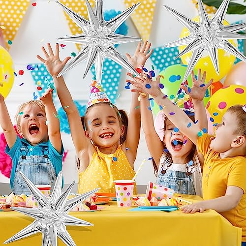 Silver Star Balloons 6pcs Foil Mylar Balloons 22 Inch Large Cone Spike Explosion Star Balloon Party Decorations for Christmas Birthday Bachelorette Disco Party
