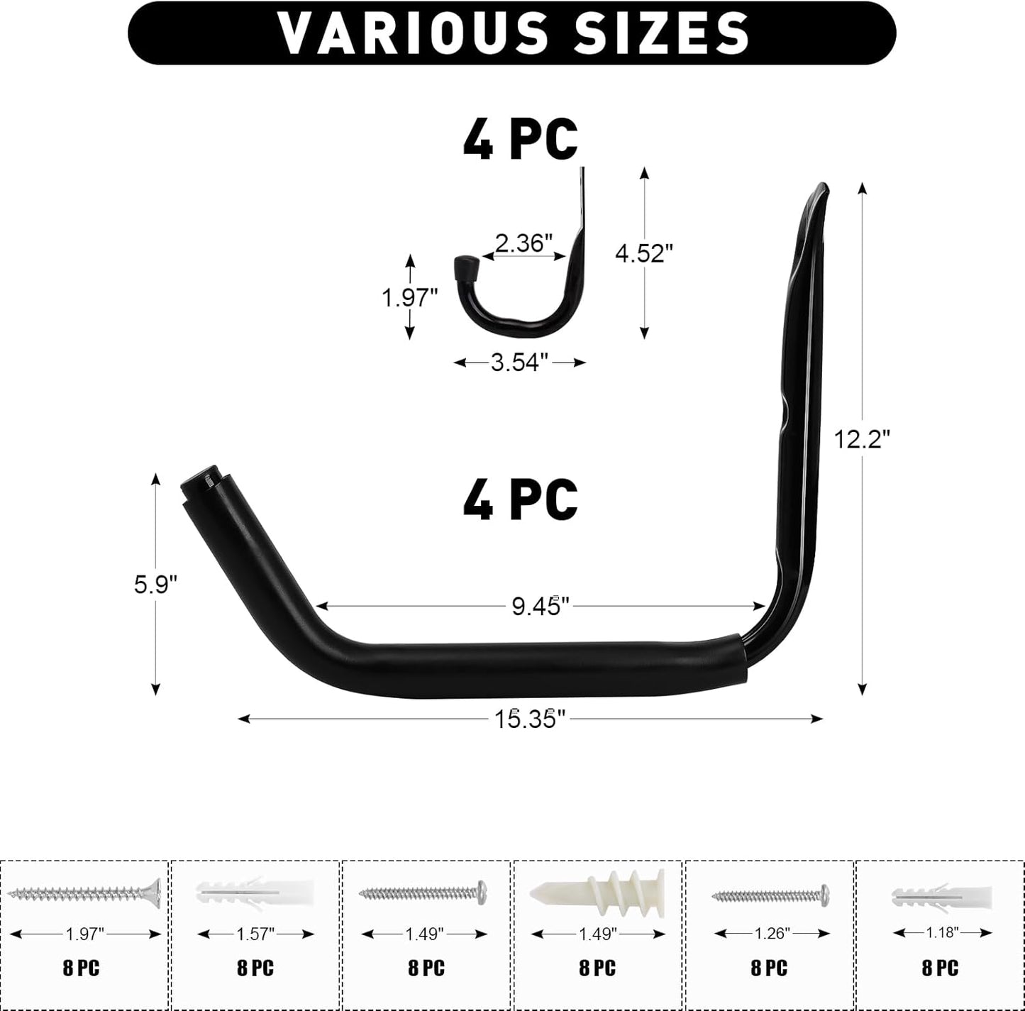 KURUI Heavy Duty Garage Storage Hooks - 100 LB Capacity Wall Mount Kayak Rack | 15" Black Hangers, 8 Pack for Indoor/Outdoor Use
