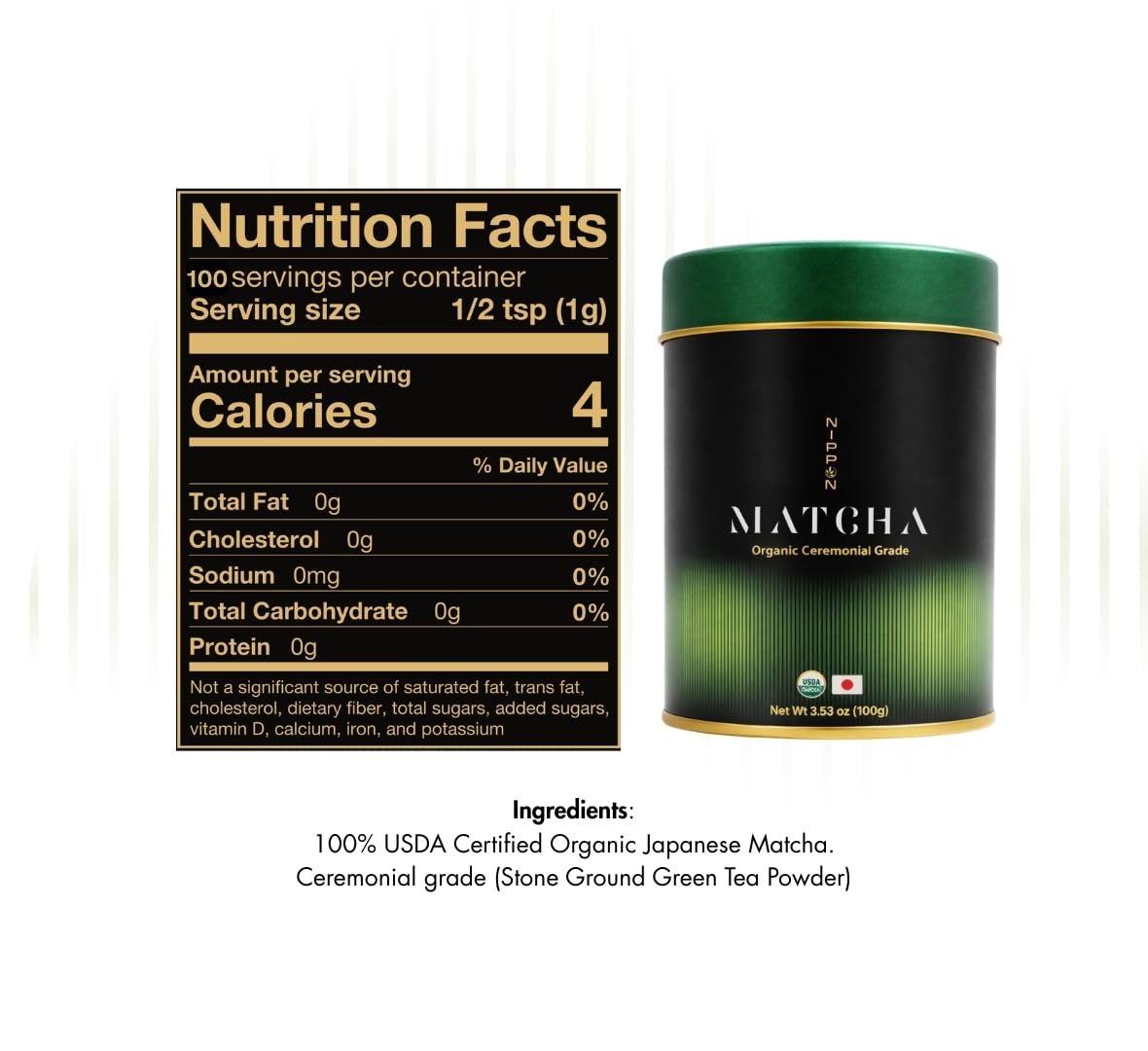 Nippon Matcha | Organic Premium Ceremonial Grade Japanese Matcha Green Tea Powder - First Harvest from Uji, Kyoto - USDA Certified, Smooth & Vibrant (100g/3.53oz)