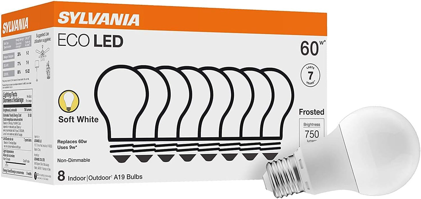 Sylvania ECO LED Light Bulb - 60W Equivalent, 9W Efficient, Soft White, Frosted | 8 Pack, 750 Lumens, 2700K