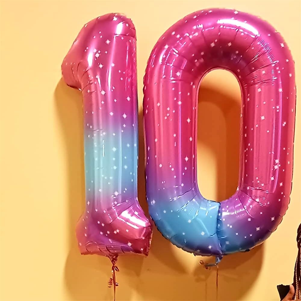 Gradient Rainbow 4 Balloons, 40 Inch Large Blue Pink Purple Foil Number Balloons Set 0-9, Self Inflating Starry Digital 4 Helium Balloon for Girls Women Birthday Anniversary Party Decorations Supplies
