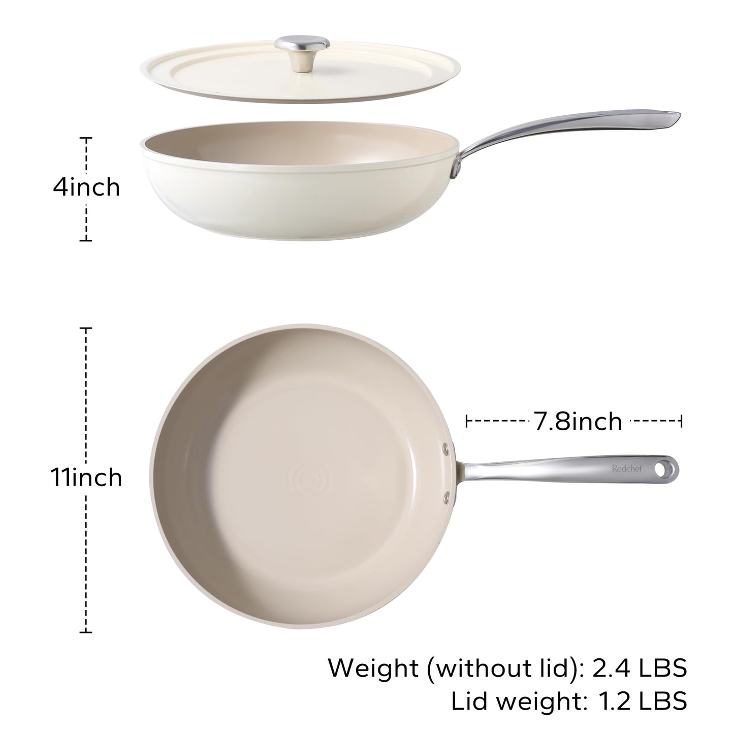 Redchef Ceramic Frying Pan with Lid, 11" Deep Saute Pan, 3.5QT Large Jumbo Cooker, Frying Pan Nonstick with Stay Cool Handle, Non Toxic Cooking Pan, Induction Dishwasher Safe, PFOA & PFAS Free(Beige)
