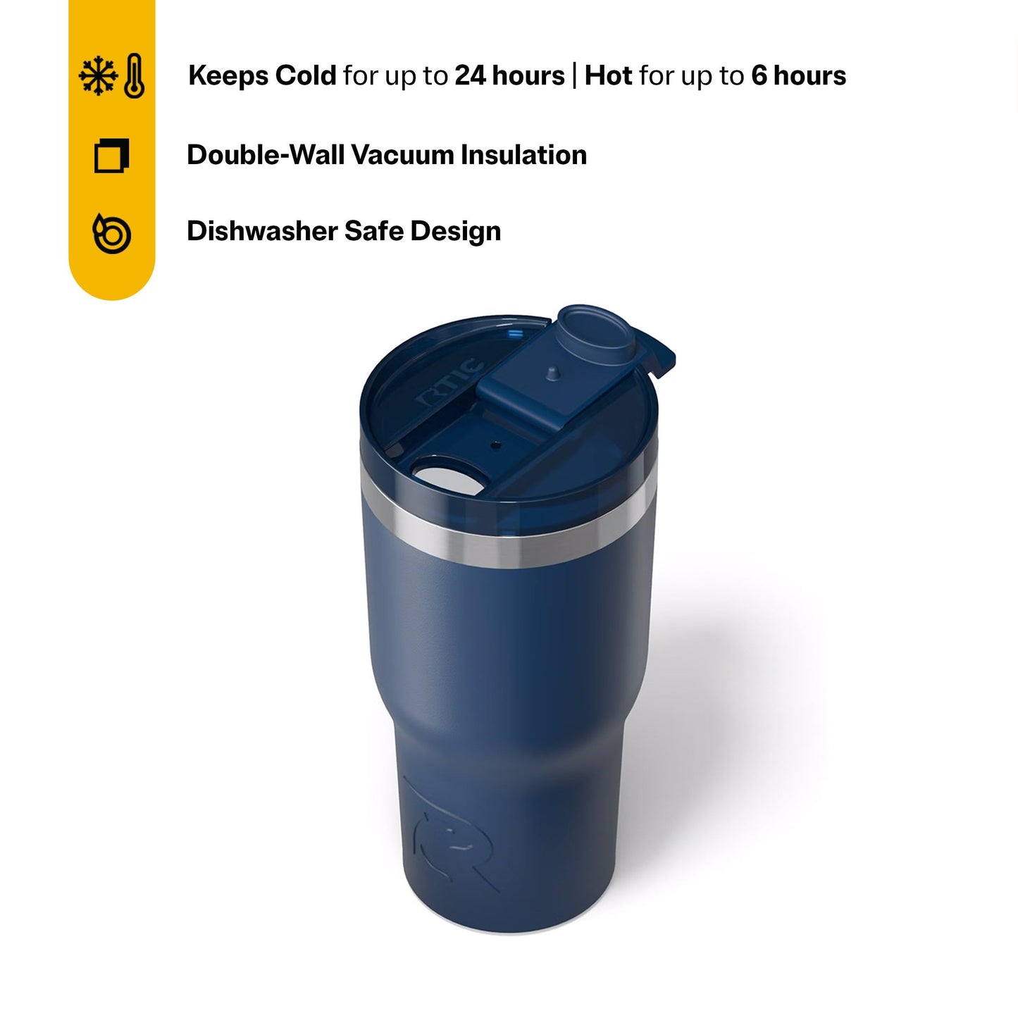 RTIC 20oz Essential Tumbler with Lid, Ceramic Lined, Insulated, Stainless Steel, Metal, Double Wall Vacuum-Insulation, Travel Cup for Iced Coffee, Tea, Hot and Cold Drink, Navy