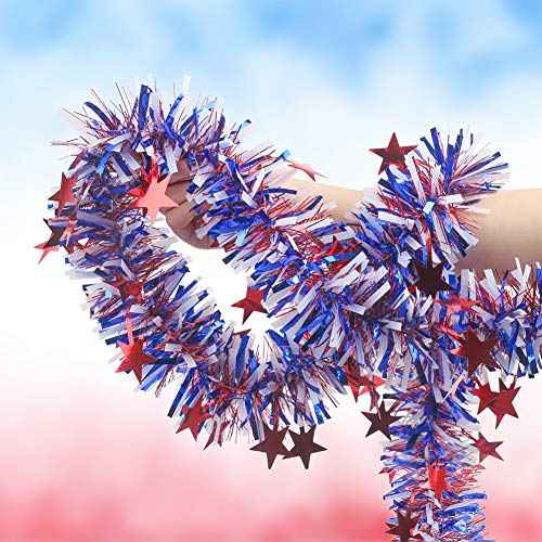 CCINEE 33FT 4th of July Tinsel Garland,Patriotic Metallic Star Garland for Independence Memorial Day Tree Banister Fireplace Home Party Decoration