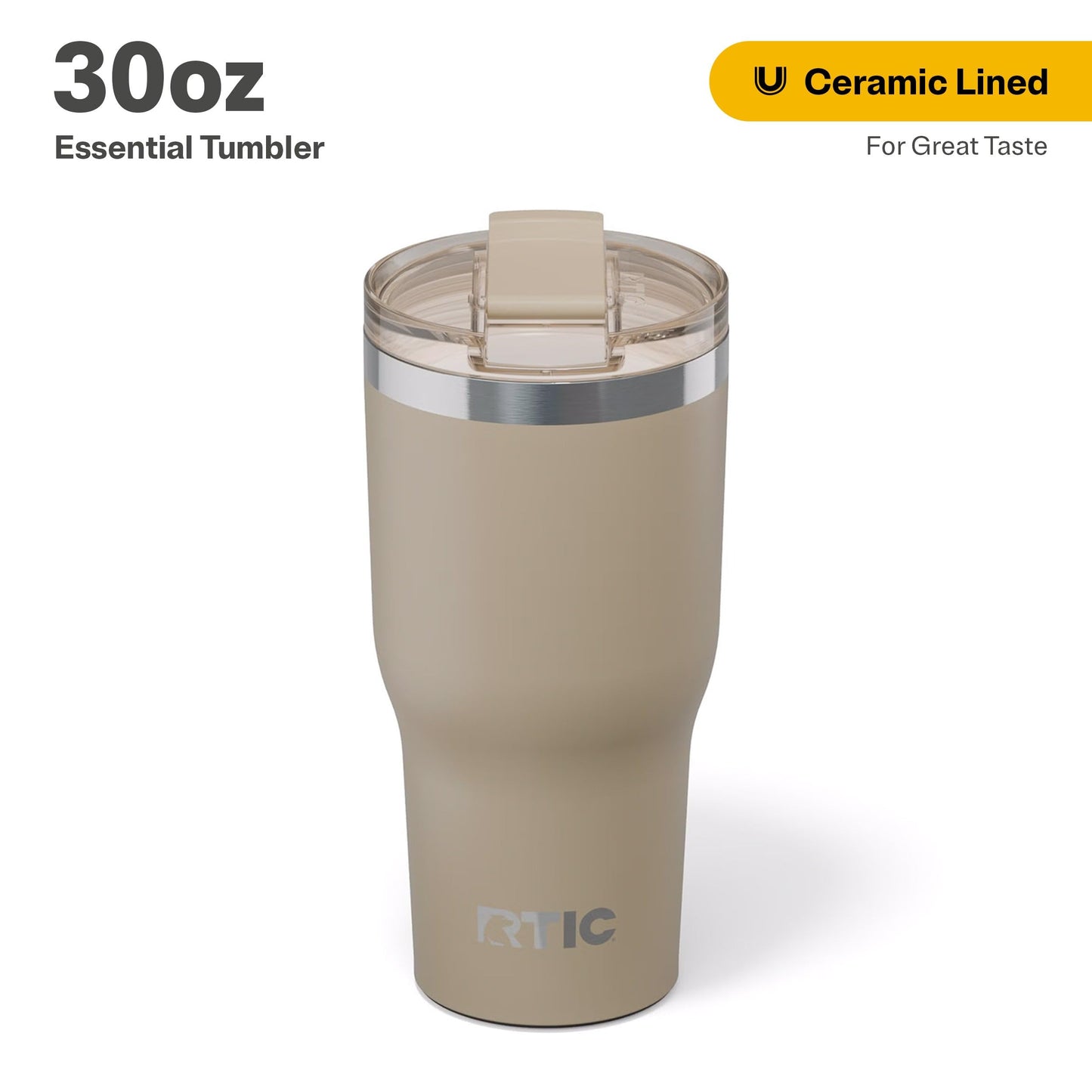RTIC 30oz Essential Tumbler with Lid, Ceramic Lined, Insulated, Stainless Steel, Metal, Double Wall Vacuum-Insulation, Travel Cup for Iced Coffee, Tea, Hot and Cold Drink, Beach