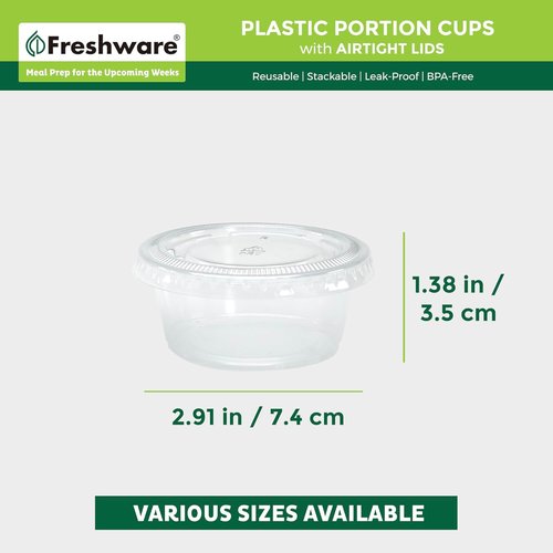 Freshware Portion Cups - 3.25 Ounce Disposable Plastic Cups with Lids for Meal Prep & Sauces | 100 Sets