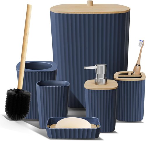 Clara Clark Bathroom Accessories Set - 6PC Navy Blue Set with Toilet Brush, Trash Can & Soap Dispenser