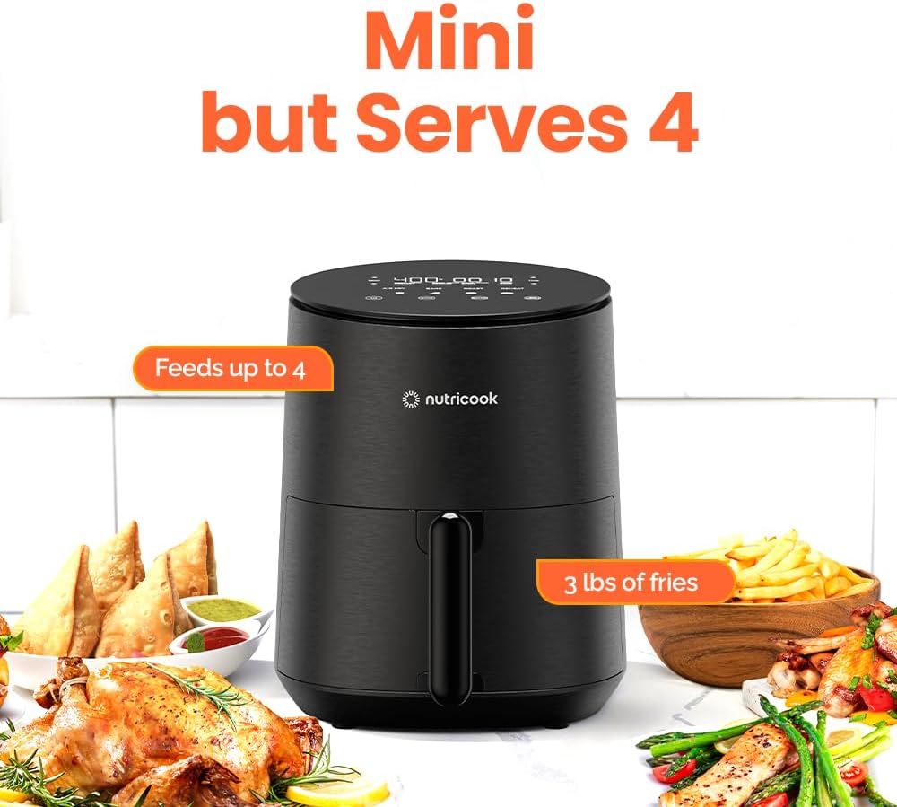 Nutricook Air Fryer - 8 Preset Functions, Compact 3.5 Quart Design, Tempered Glass Control Panel, Black