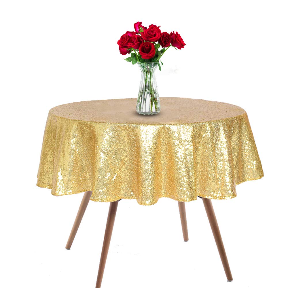 HMQIANG Gold Sequin Tablecloth Round 90" Sparkly Gold Drape Table Cloth Sequin Fabric Table Cover for Wedding Birthday Party Baby Shower