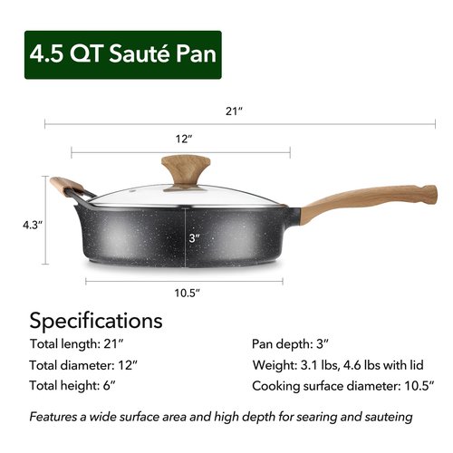 Deep Nonstick Frying Pan with Lid, 4.5 QT Swiss Granite Coating Sauté Pan, 12 Inch Healthy Non Stick Skillet Cooking Pan and Helper Handle with Silicone Cover, PFOA Free, Induction Ready.
