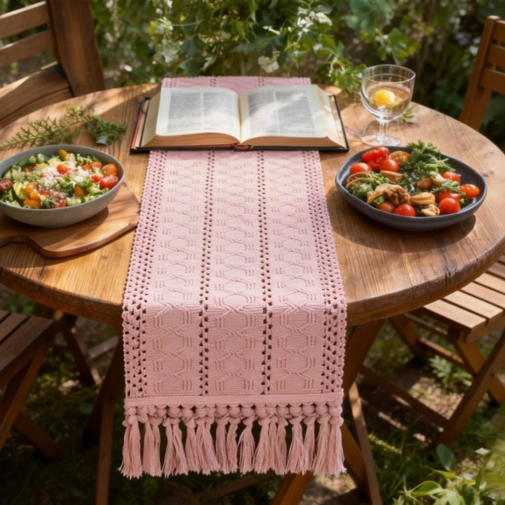 Socomi Boho Table Runner Summer Farmhouse Rustic Dining Kitchen Centerpiece Decor Small Macrame Woven Cotton Linen Coffee Table Runner for Dresser Scarf Home Decor 12x60 in Pink