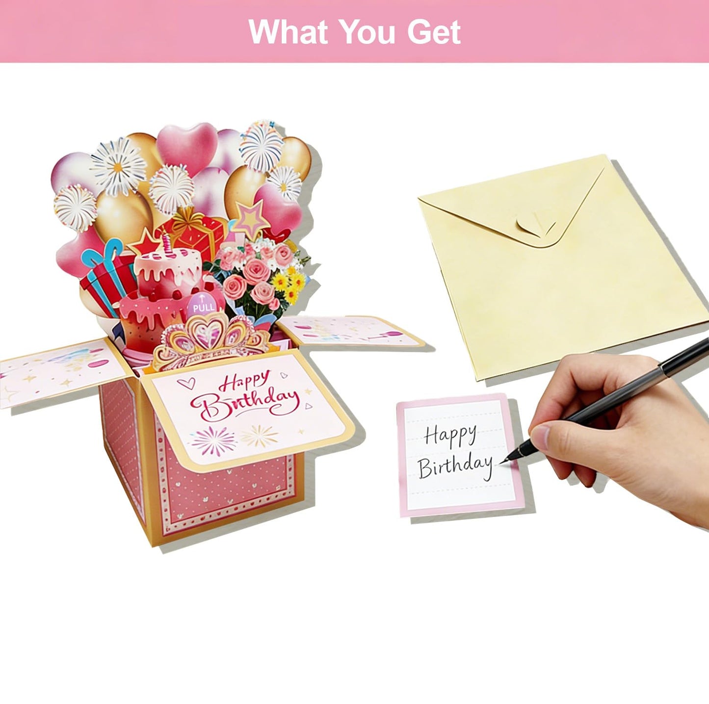 SOLIFEGOBLE 3D Pop Up Birthday Card, Handmade Pull Out Surprise Gift Box Greeting Card with Envelope, Birthday Gift for Women Mom Wife Daughter Girlfriend