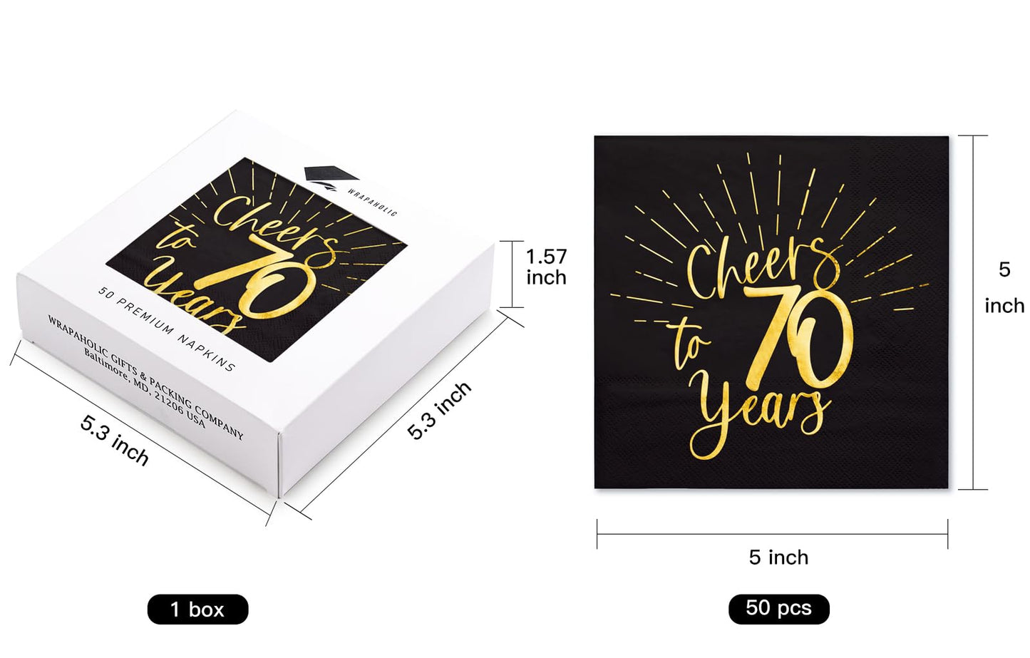 WRAPAHOLIC 50Pcs 70th Birthday Napkins - 3-Ply Disposable Paper Cocktail Napkin, Black and Gold Foil Cheers to 70 Years - 5 x 5 In