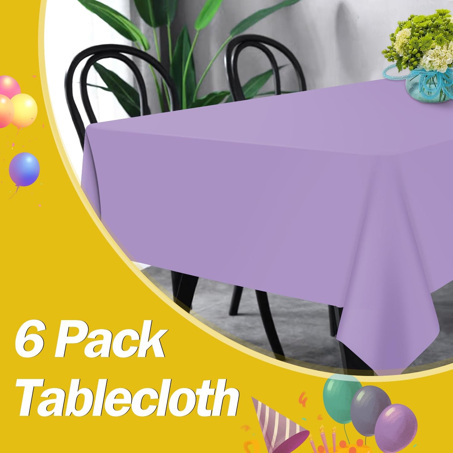 tujol Lavender 6 Pack Plastic Table Cloth 54" x 108", Disposable Tablecloths Rectangle Table Cover, Plastic Tablecloths for Parties