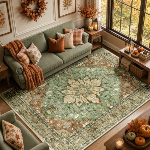 RELEANY Washable Area Rug, 8'x10', Brick/Brown/Green