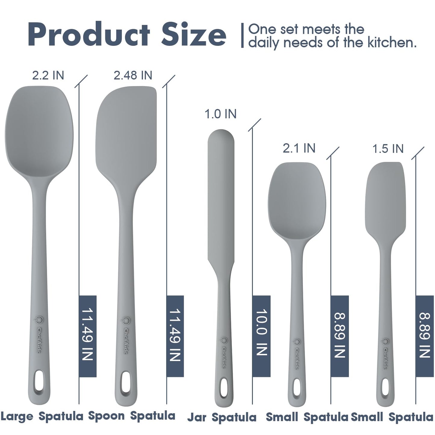 ChefAide 5 Pieces Silicone Spatula Set, Food Grade Rubber Spatula, Upgrade Strong Handle with Ergonomic Grip, Heat Resistant Up to 600°F for Nonstick Cookware, Cooking