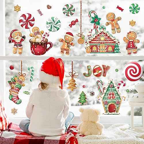 Wondever Gingerbread Man Wall Stickers - Peppermint Candy Cookie & Christmas Window Wall Art Decals for Party & Kitchen