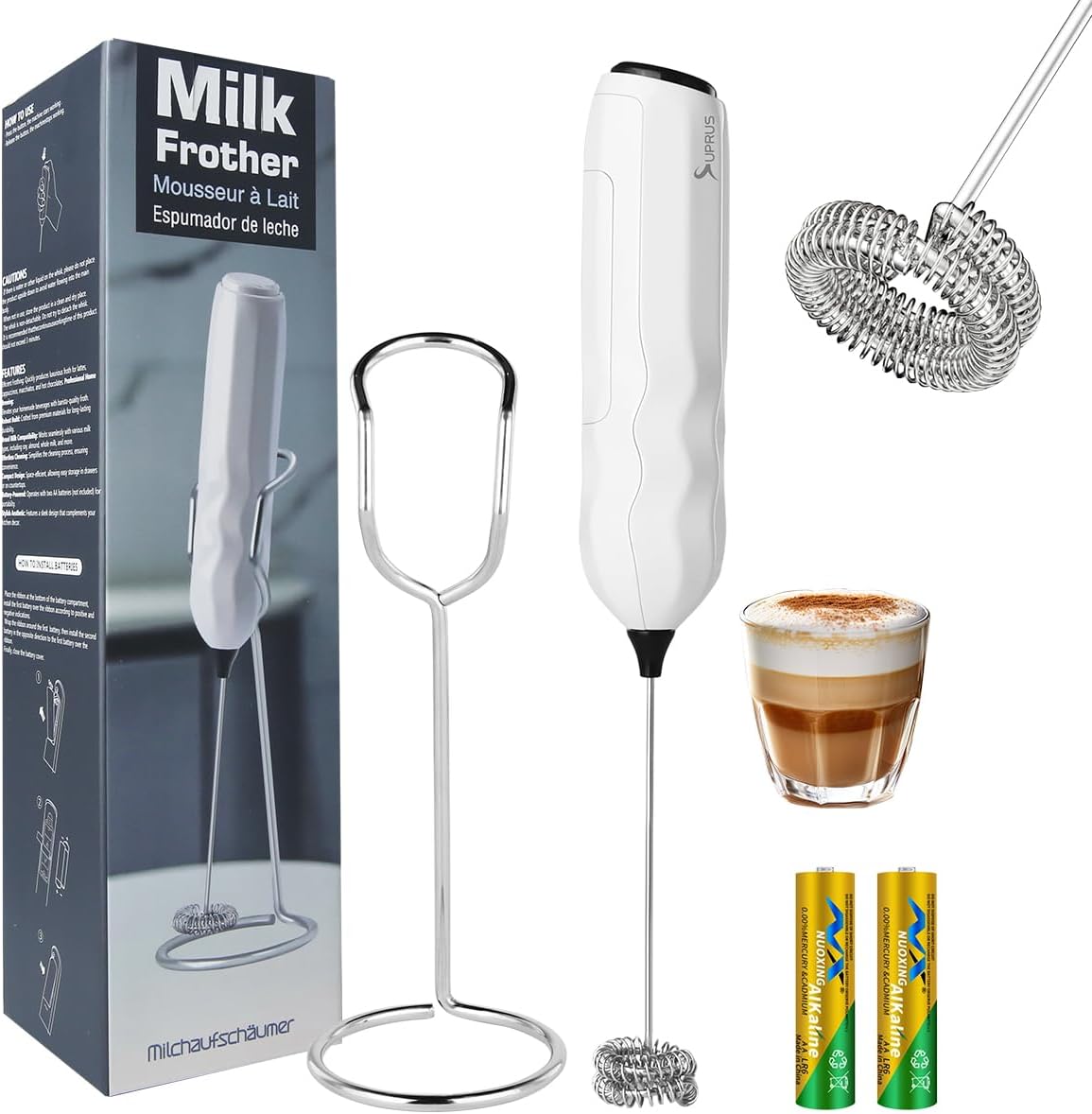 SUPRUS Ultra Fast Handheld Milk Frother - Double Whisk with Stand & 2 Batteries | Stainless Steel for Lattes, Cappuccino & Matcha