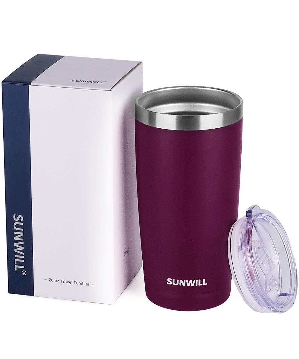 SUNWILL Travel Coffee Tumbler 20 oz, Insulated Mug with Lid, Stainless Steel Cup for Hot and Cold Drinks, Powder Coated Plum