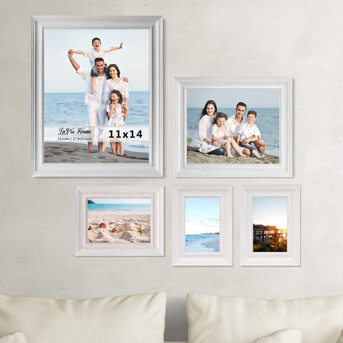 LaVie Home 5x7 Picture Frames - Rustic Distressed White Wood Grain | 3 Pack with High Definition Glass for Wall & Table Display