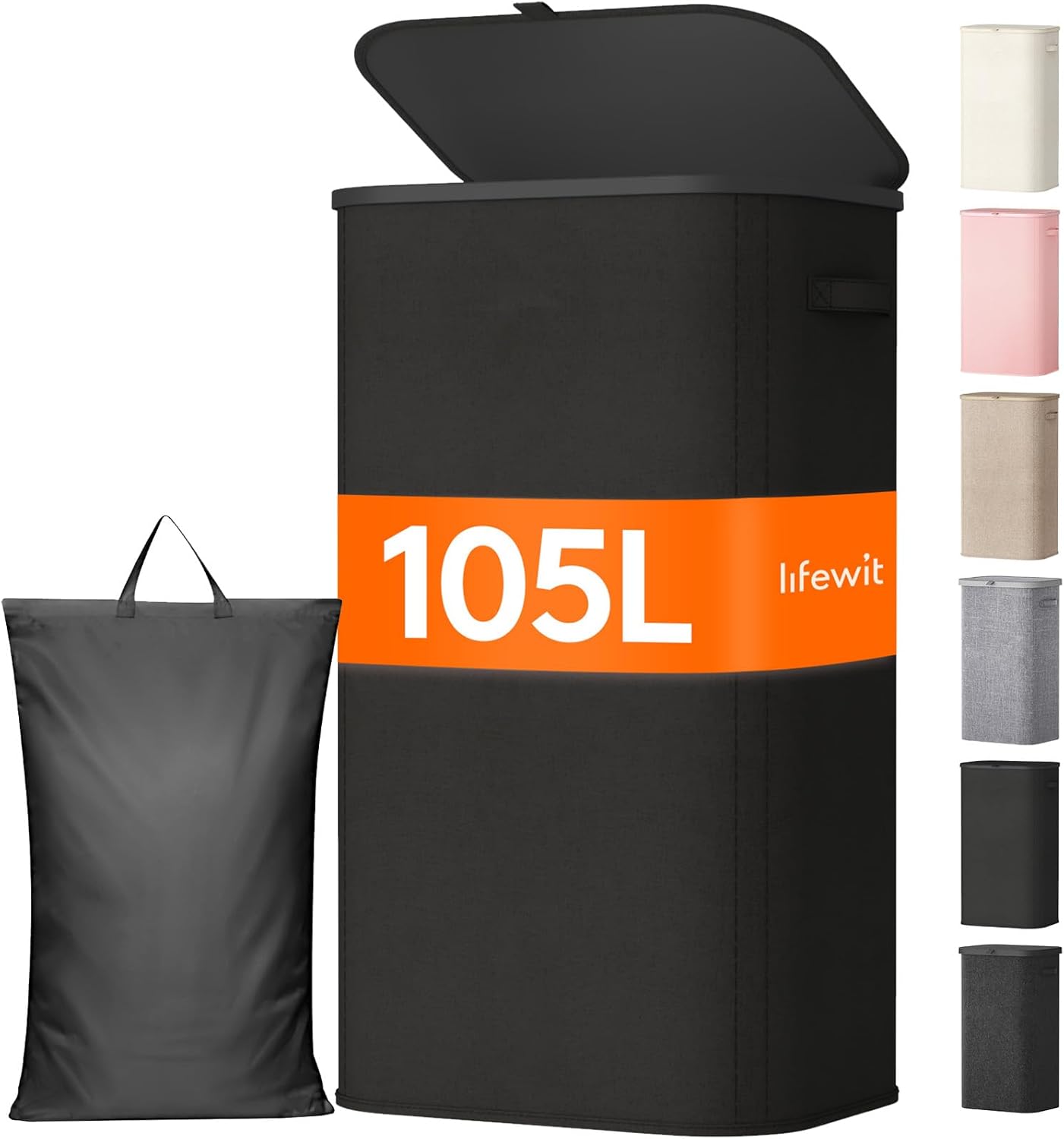 Lifewit 105L Large Laundry Basket - Foldable Hamper with Lid & Removable Bag | Black