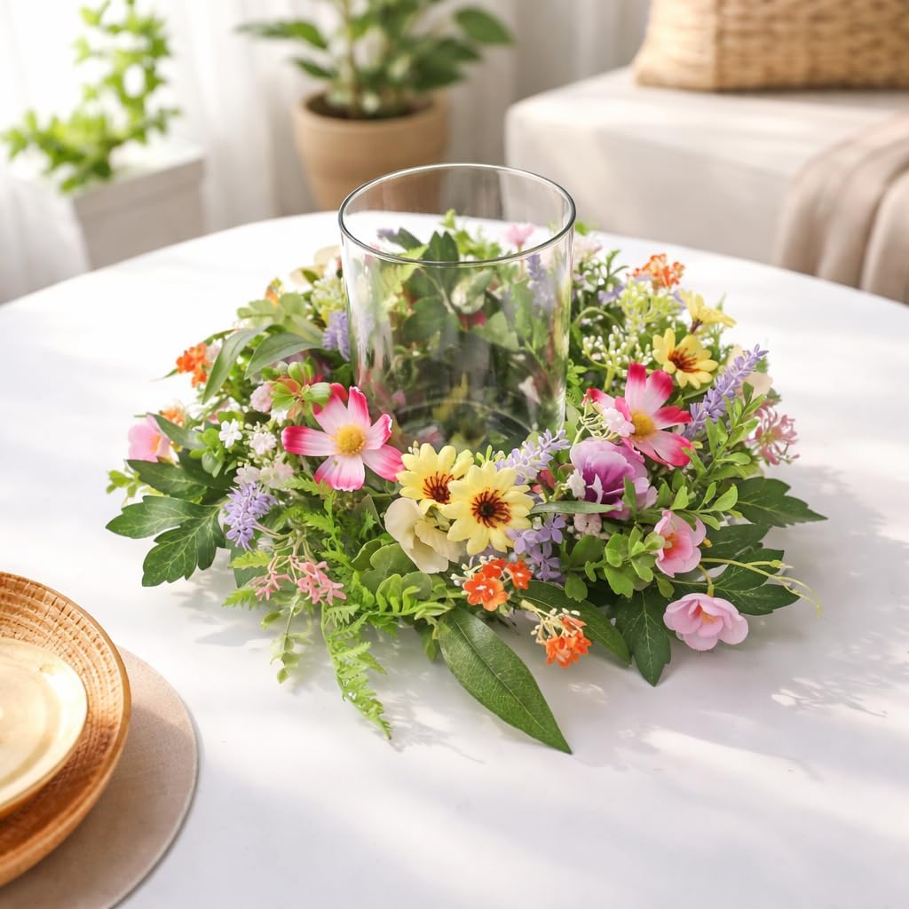 Skiennix Floral Candle Holder - Glass Hurricane with Detachable Wreath | Spring Centerpiece for Dining Table