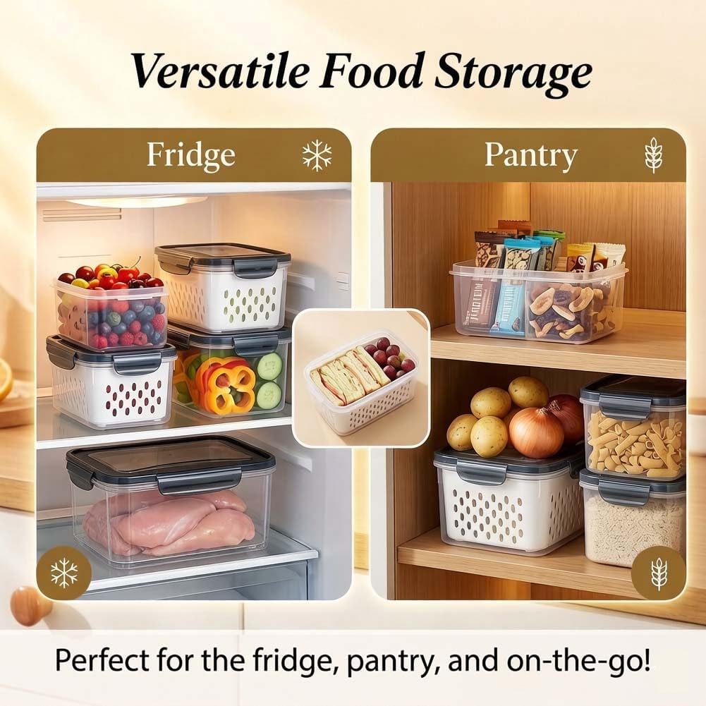 Skiennix 4-in-1 Food Storage Containers - Transparent Plastic with Lids & Drain Basket | Gray (S, M, L)