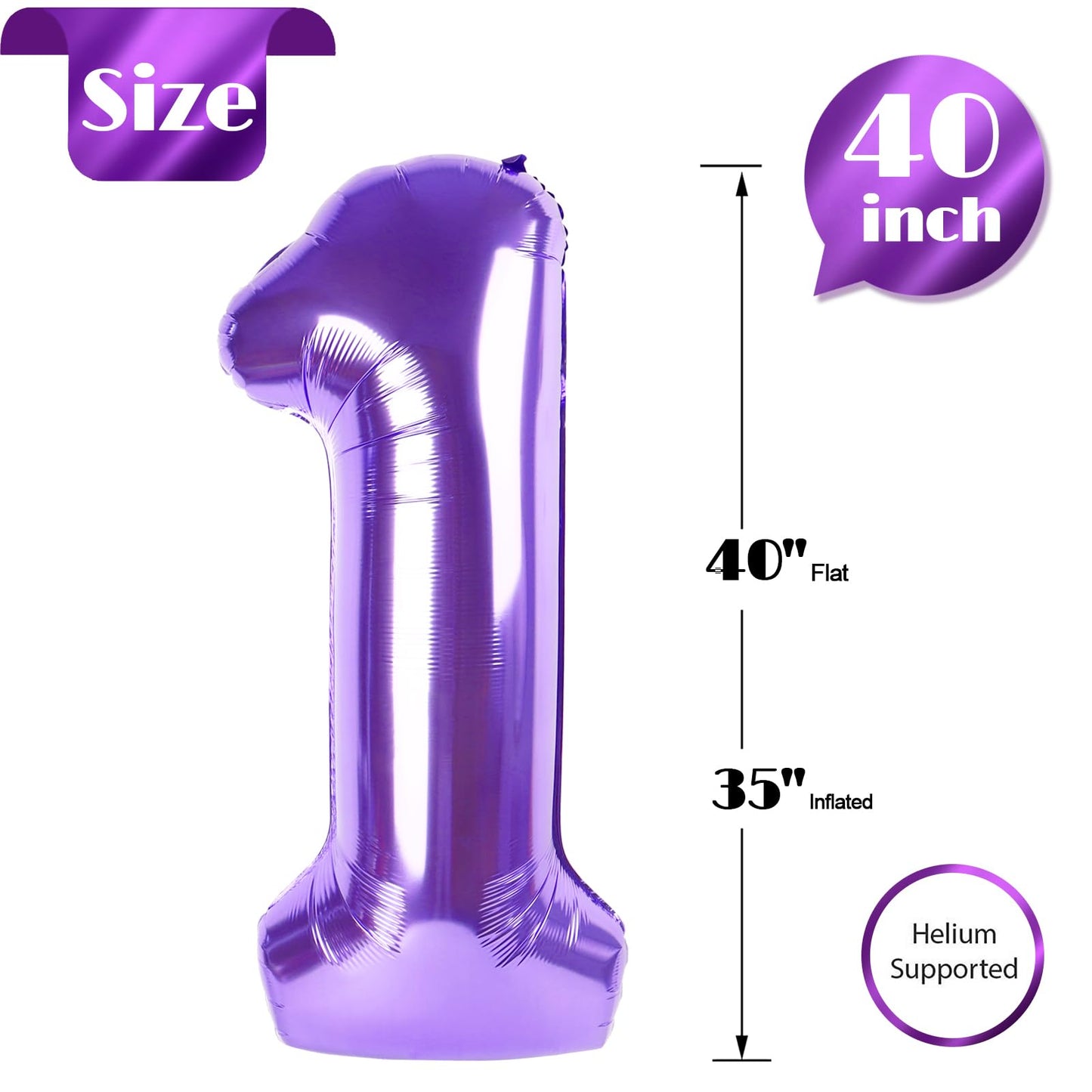 Purple Number 1 Balloon 40 Inch, 1st Birthday Balloon for Baby Boy Girl Toddler First Birthday Decorations, Shiny Purple Party Supplies