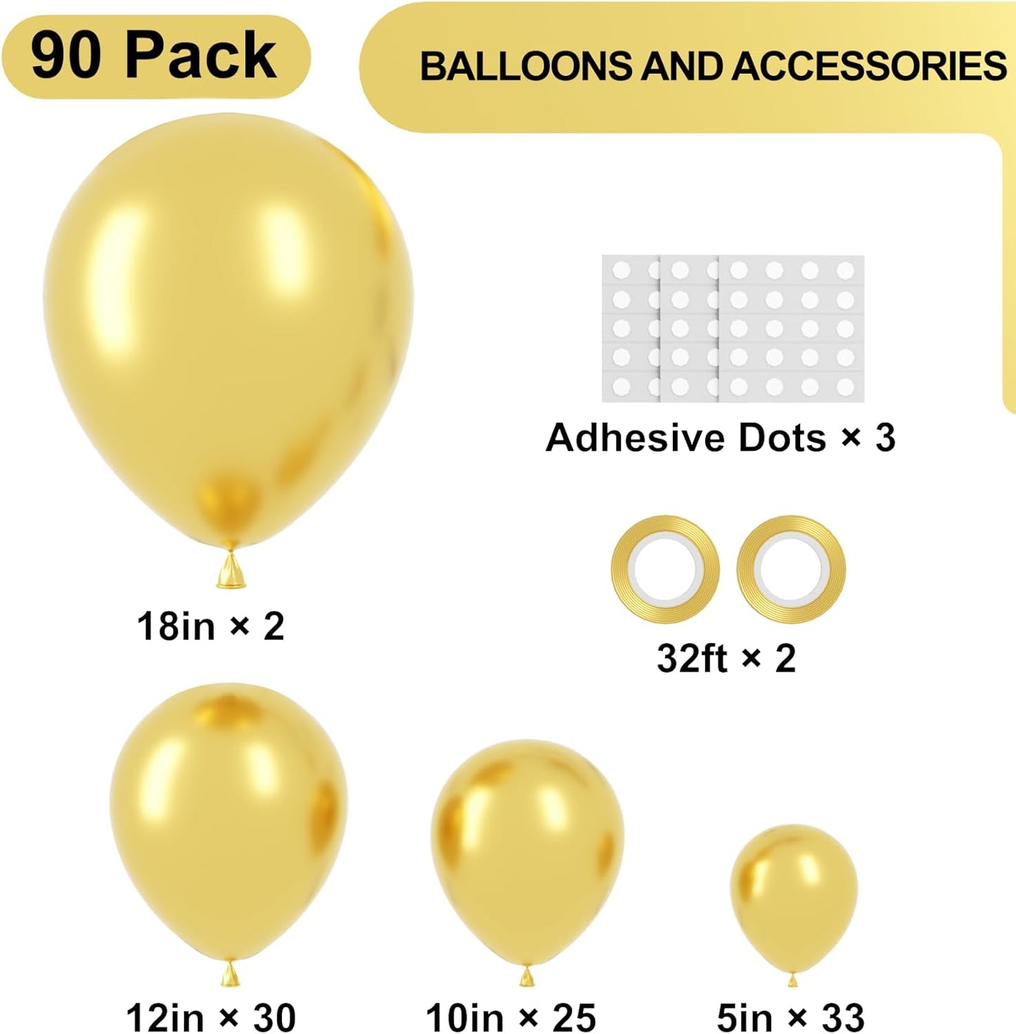Voircoloria Metallic Gold Balloon Garland Kit - 90 Pack in 5/10/12/18 Inch Sizes for Weddings & Celebrations