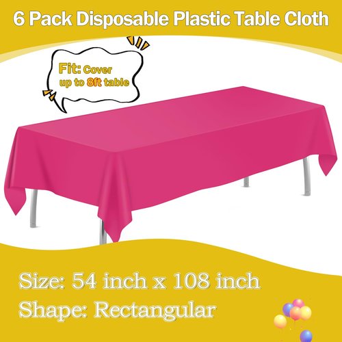 Hot Pink 6 Pack Plastic Table Cloth 54" x 108", Disposable Tablecloths Rectangle Table Cover, Plastic Tablecloths for Parties