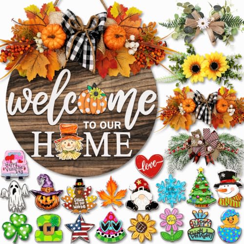 Interchangeable Seasonal Welcome Sign for Front Door with 4 Wreath Styles & 21 Icons