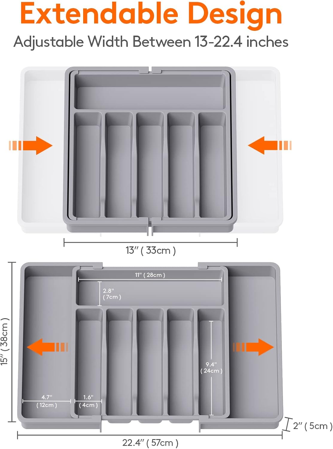 Lifewit Expandable Silverware Drawer Organizer - BPA-Free Utensil Tray for Kitchen | Adjustable 13-22 x 15" Grey