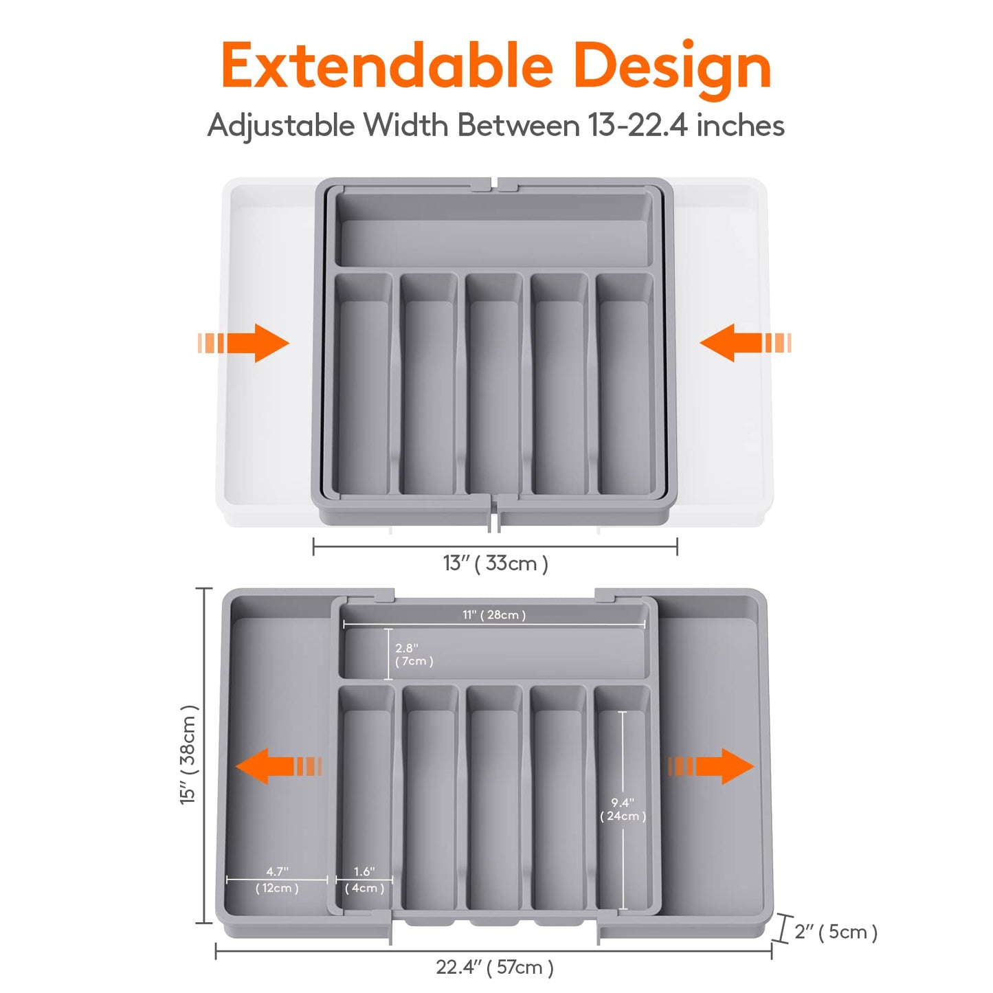 Lifewit Silverware Drawer Organizer, Expandable Utensil Tray for Kitchen, BPA Free Flatware and Cutlery Holder, Adjustable Plastic Storage for Spoons Forks Knives, 13-22 x 15", Grey