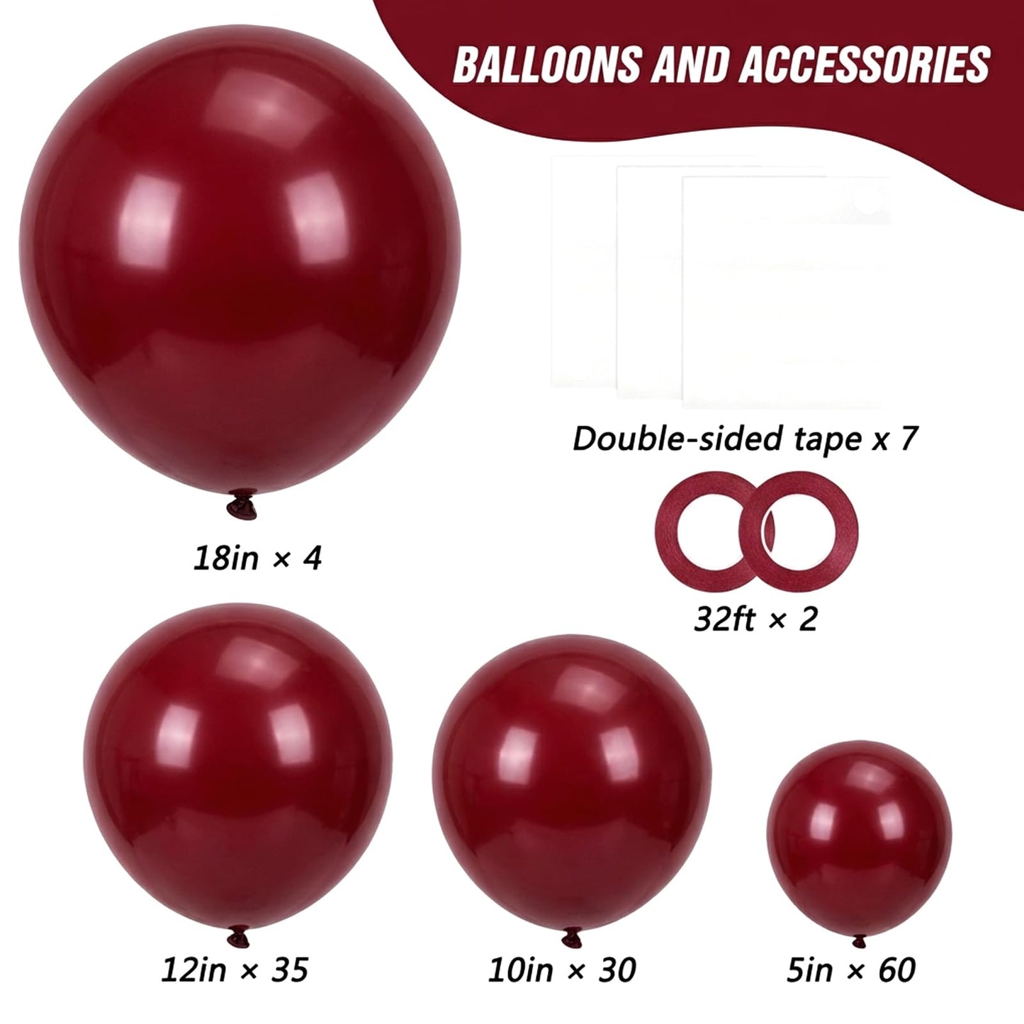 RUBFAC Burgundy Balloons 129pcs Different Sizes Pack of 18 12 10 5 Inch, Latex Maroon Dark Ruby Red Balloon Garland Arch Kit for Wedding Anniversary Birthday Party Decorations