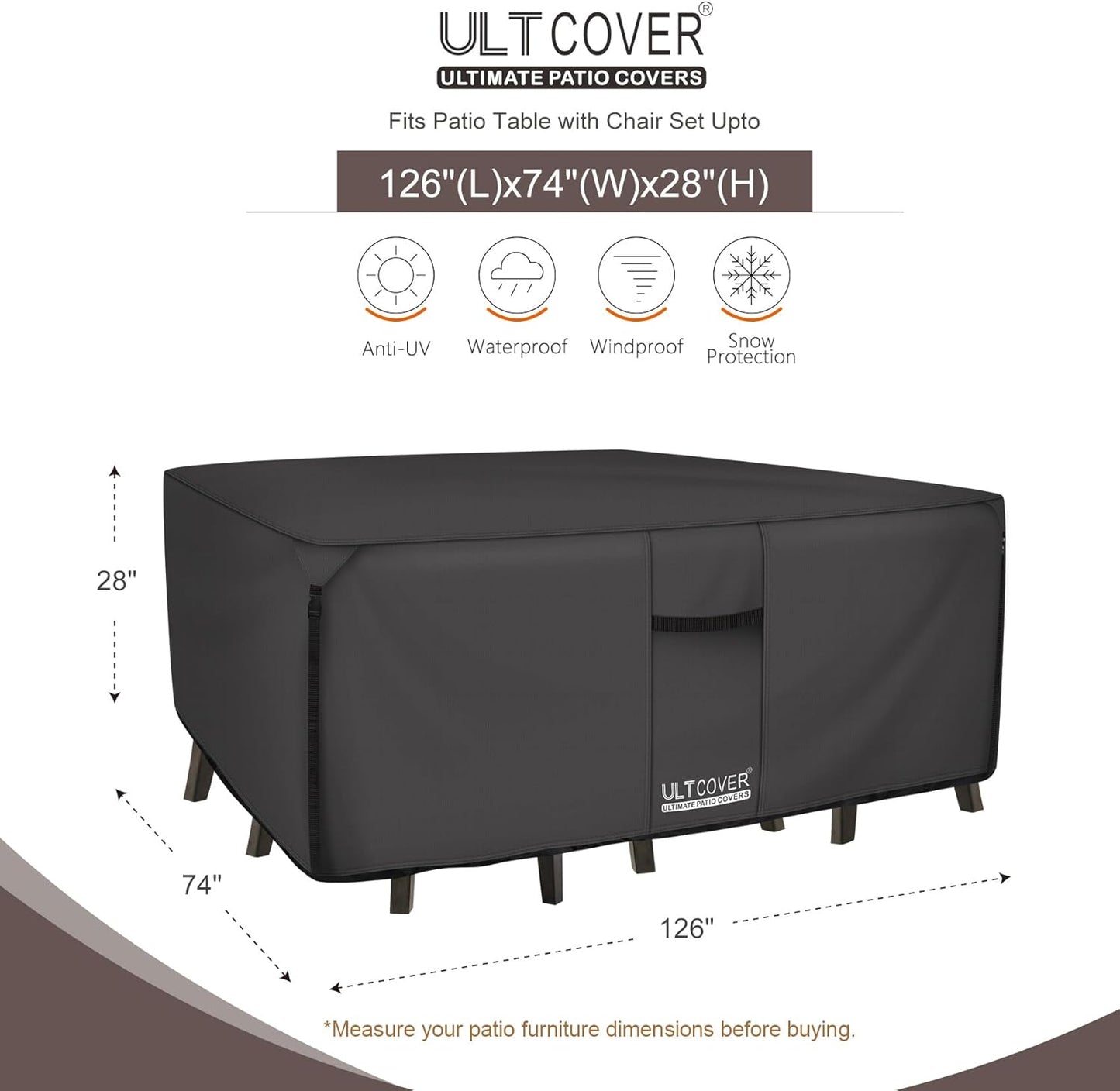 ULTCOVER Heavy Duty Rectangular Patio Table & Chair Cover - Waterproof 126" L x 74" W x 28" H, Black